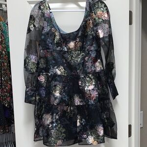 MARCHESA Floral Sheer Long Sleeve Low-Cut Mini-Dress